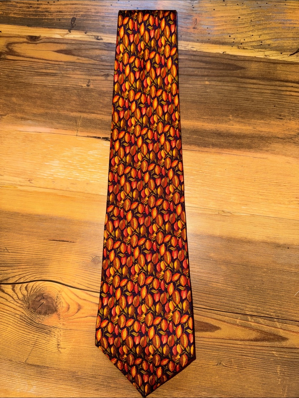 Salvatore Ferragamo Orange and Gold Leaf-Pattern Silk Tie